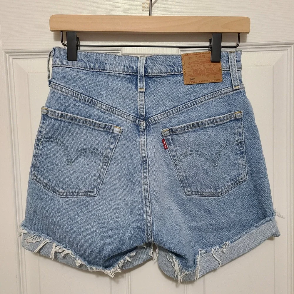 Levi's 501 Original Shorts Women 26 Light Blue Distressed High Waisted Denim